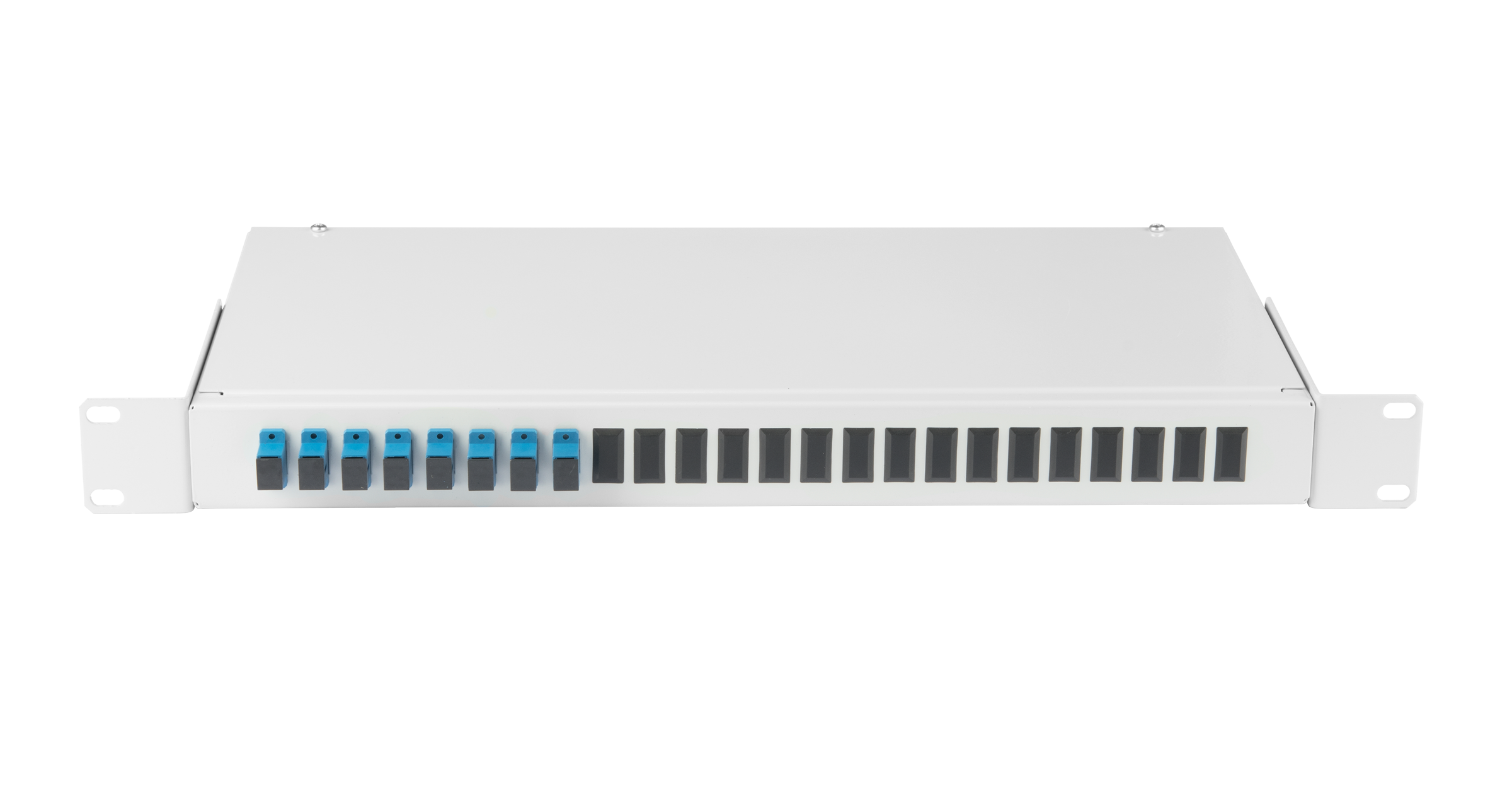 Оптический кросс NIKOMAX 19", 1U, укомплектованный на 8 портов SC/UPC(8 одинарных SC/UPC адаптеров), SM 9/125 OS2, сталь, NMF-RP08SCUS2-WS-ES-1U-GY